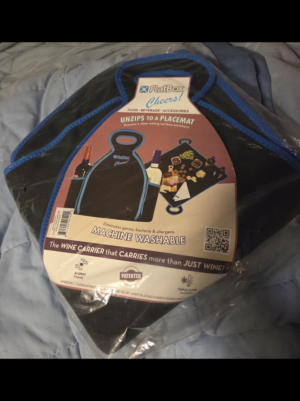 Cheers! Black and Royal Blue Wine and Snack Carrier and Picnic Placemat NWT